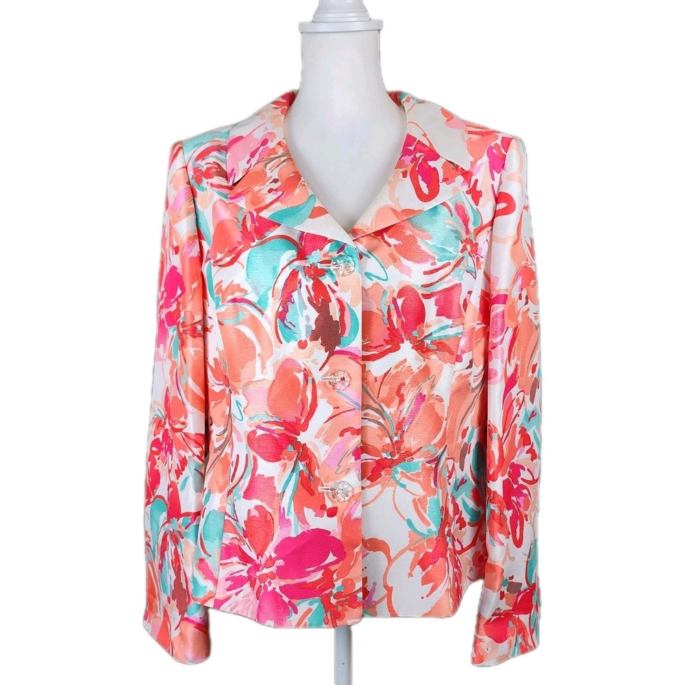 Le Suit Jacket Blazer Womens 16 Pink Orange‎ Floral Career Office Church Wedding